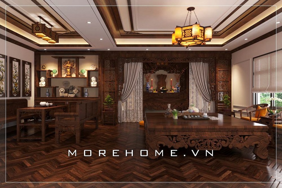 Thiết kế nội thất phòng thờ gỗ óc chó